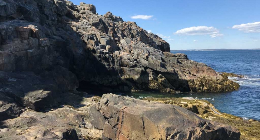 A rocky shore meets a blue ocean. 